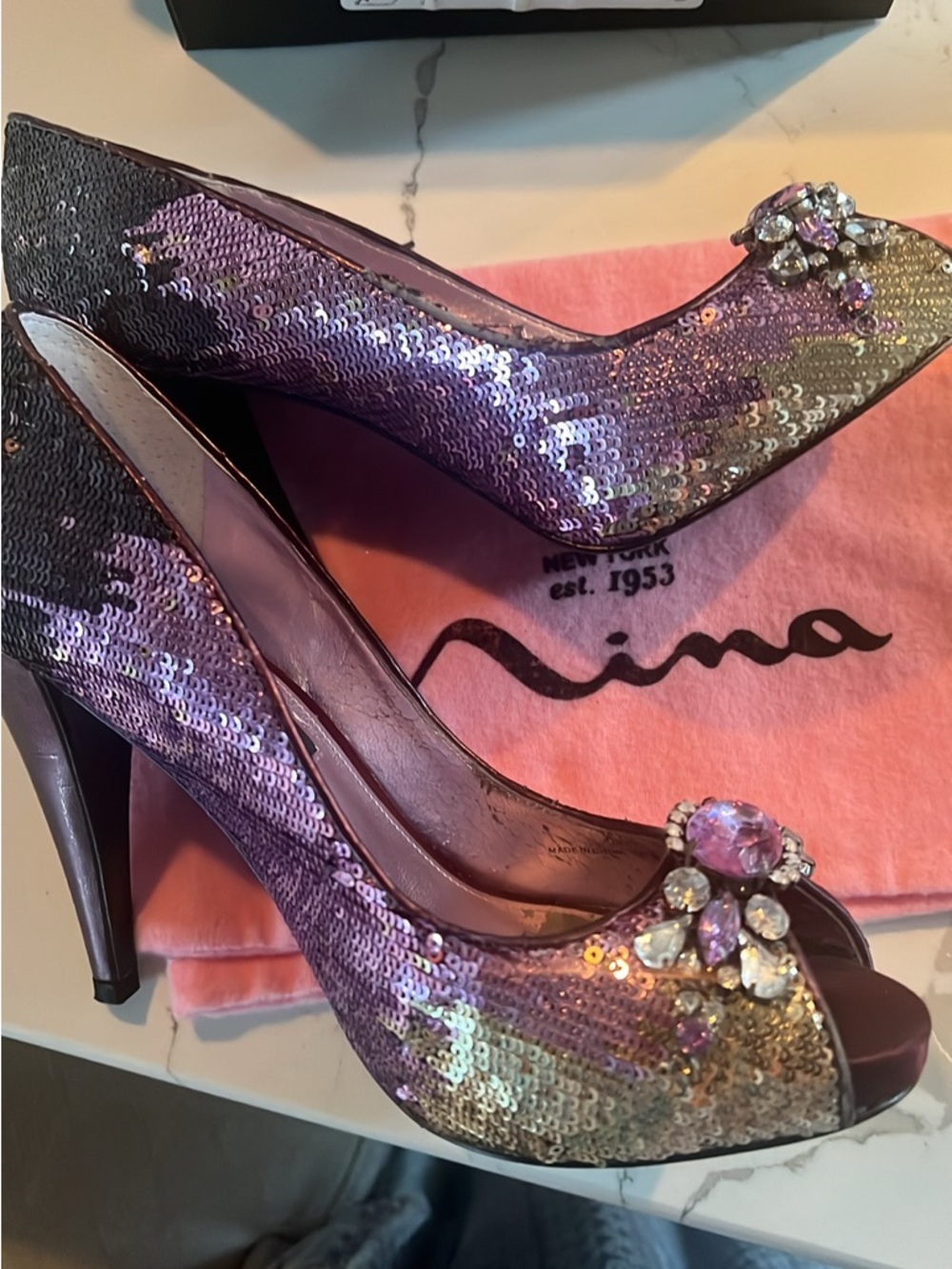 Nina Lavender Sequin Jeweled Peep-Toe Pumps
